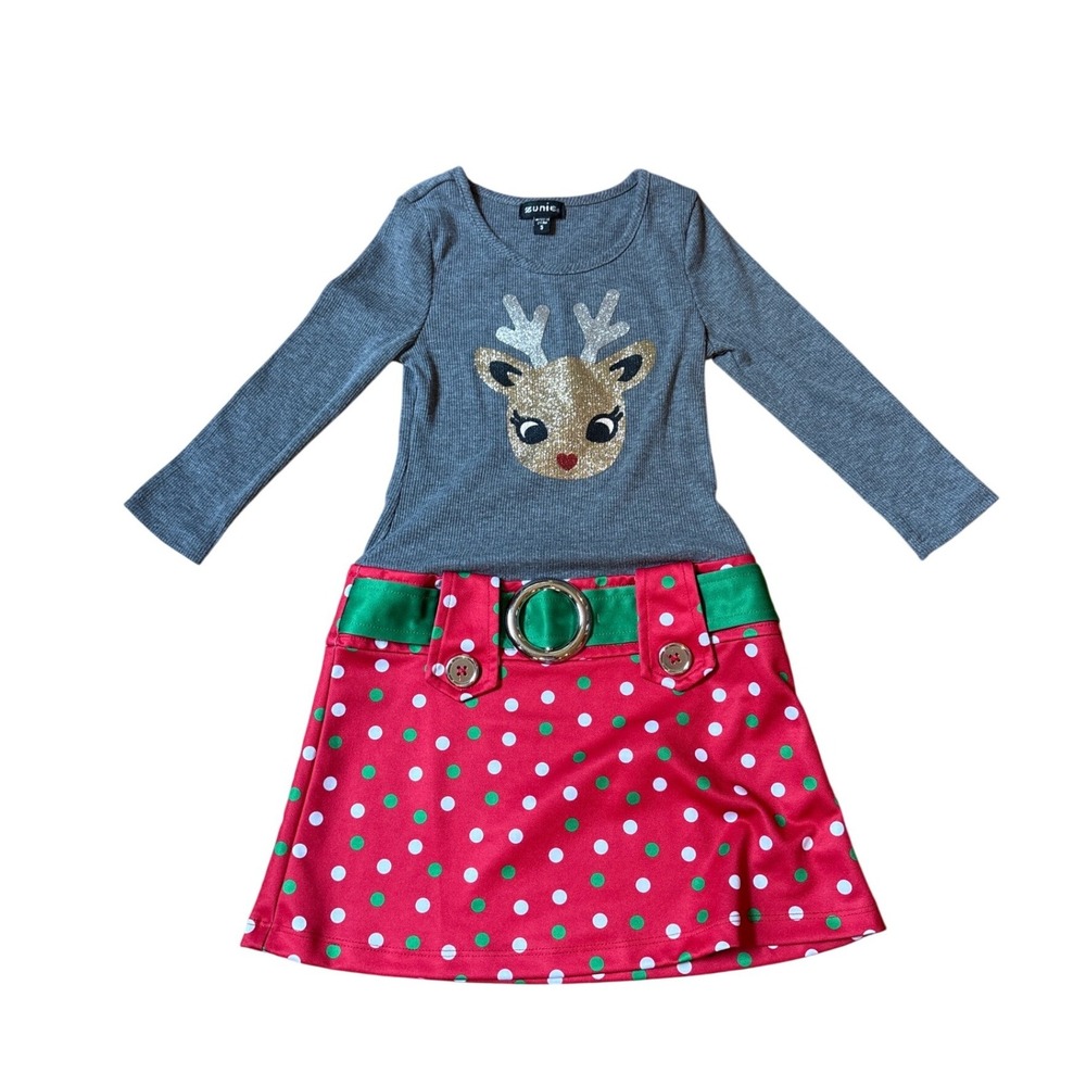 Zunie Holiday Reindeer Dress Kids Red Grey Polka Dot Glitter Festive SIZE 5